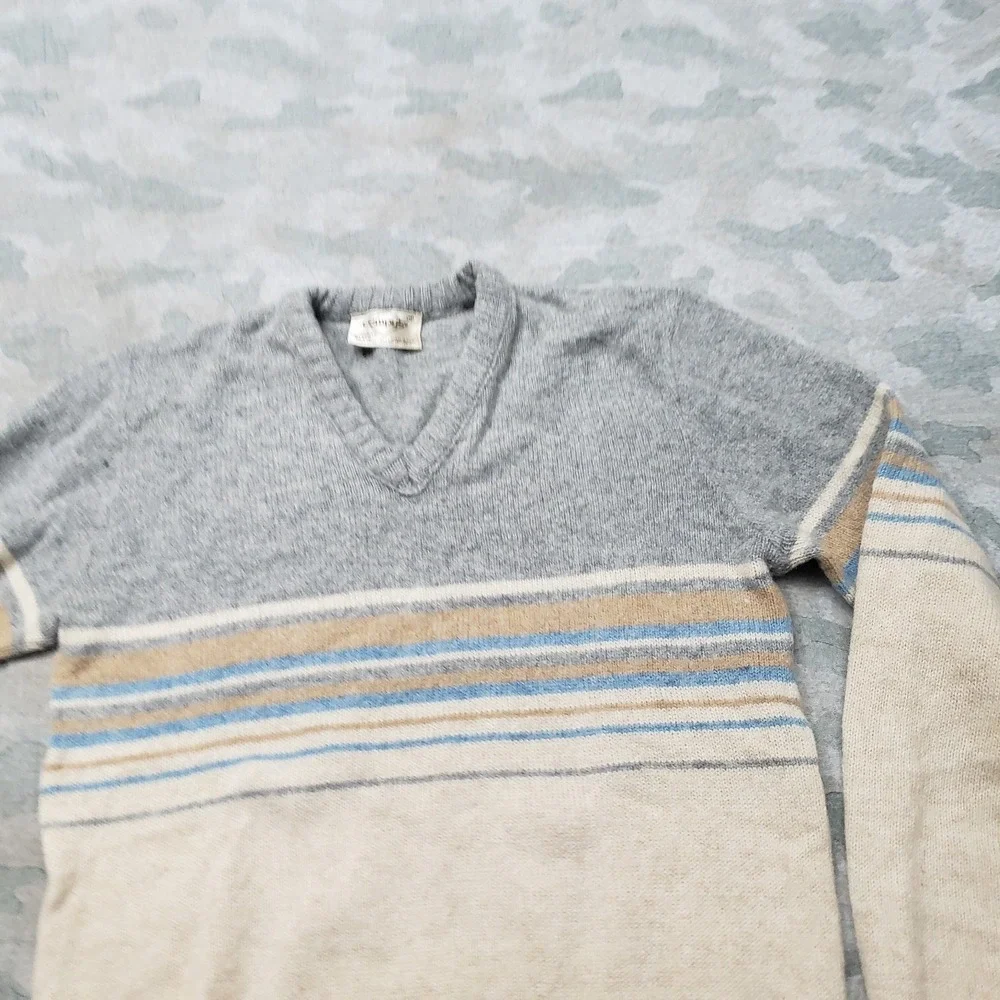 Vintage Campus Sweater Mens Medium Beige V-Neck Wool Blend Preppy Classic